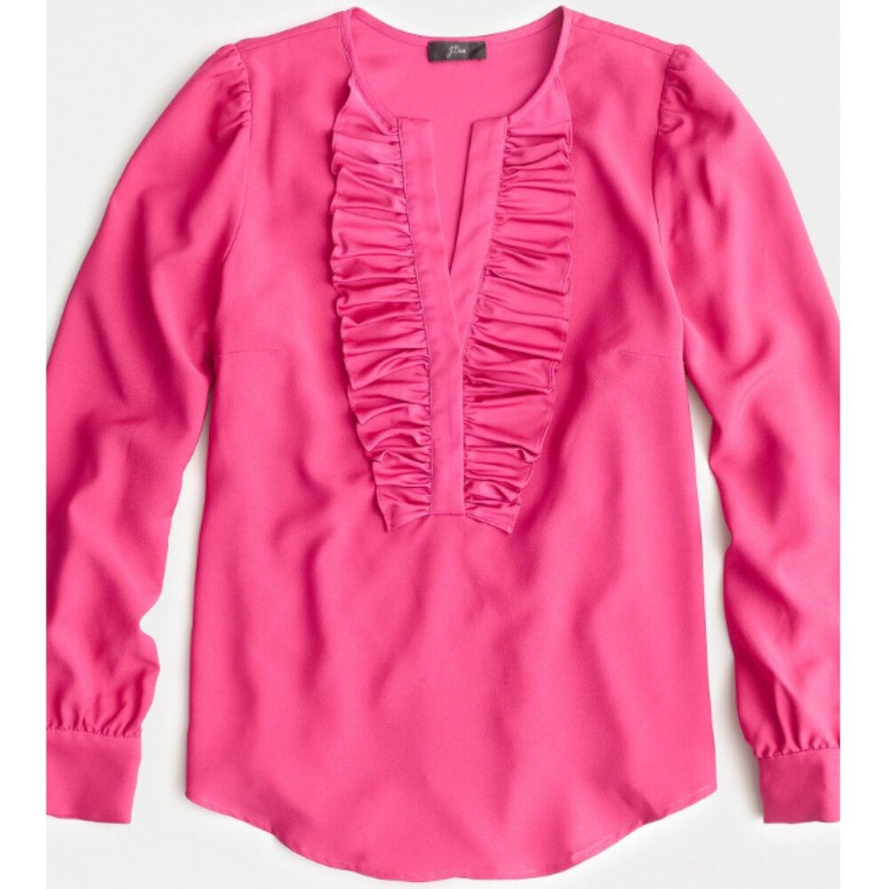 J.Crew Long-sleeve ruffle-front top in satin crepe-AE861- BRIGHT BERRY/pink-NWT